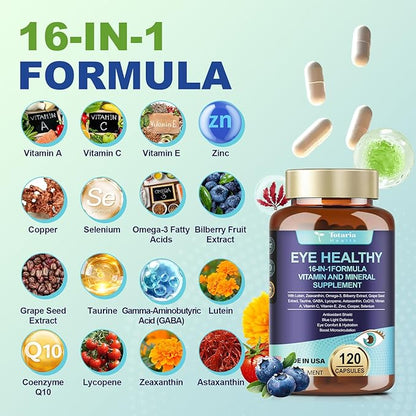 Eye Vitamins Lutein and Zeaxanthin for Adults, AREDS 2 Eye Vitamin and Mineral, Omega-3, Bilberry Extract - Carotenoid Blend, Support Eye Health, Strain, Comfort & Hydration (120 Capsules)