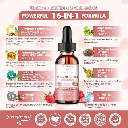 Magnesium Glycinate Liquid Drops - 1000mg 5-in-1 High Absorption Liquid Magnesium Complex with D3/K2/B6 | Fast-Acting, Bone, Muscle & Sleep | Sugar-Free Strawberry Flavor, 2fl Oz