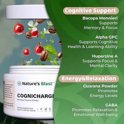 CogniCharge Brain Supplements for Memory, Focus & Clarity - with Bacopa Monnieri Extract, Guarana Powder, Niacin, L-Tyrosine, Alpha GPC, GABA & More - 3.63 Oz - 30 Servings - Cocoa Mist Flavor