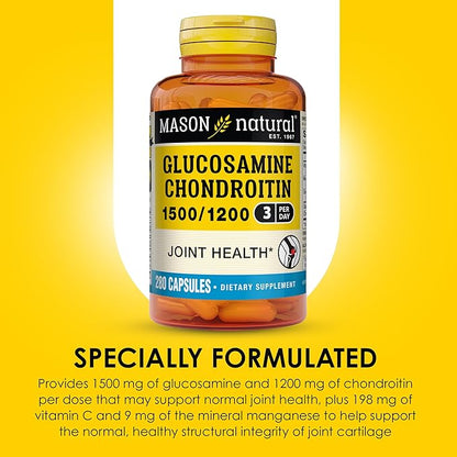 MASON NATURAL Glucosamine Chondroitin 1500/1200 3 Per Day with Vitamin C - Supports Joint Health, Improved Flexibility and Mobility*, 280 Capsules