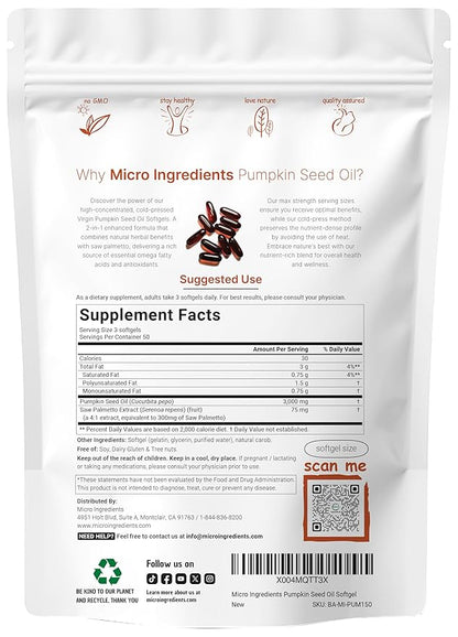 Micro Ingredients Pumpkin Seed Oil with Saw Palmetto, 3,000mg Per Serving, 150 Softgels | Cold Pressed, Pure Virgin Oil, Herbal Supplement | Supports Urinary, Bladder & Prostate Health | Non-GMO