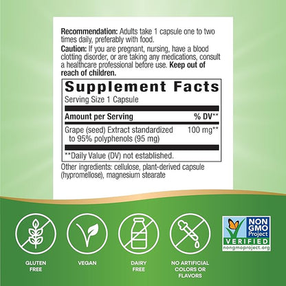 Nature's Way Grape Seed Premium Extract, Supports Healthy Skin and Veins*, Antioxidant Support*, Non-GMO Project Verified, 60 Vegan Capsules (Packaging May Vary)