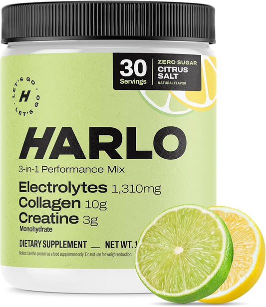 Harlo - Citrus Salt Electrolyte Drink Mix with Bovine Collagen & Creatine - Creatine Monohydrate Powder - Energy Drink Powder - Pre Workout Powder - Sugar Free Energy Drinks - Post Workout Recovery