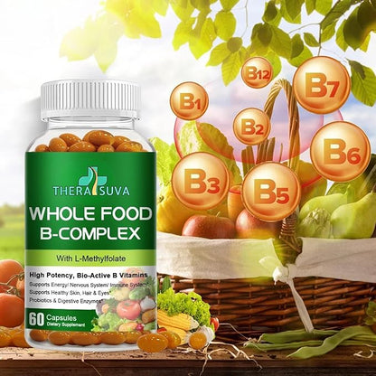 Vitamin B-Complex - Natural Whole Food Supplement, 100% Vegan Sourced + Metabolism, Immune & Digestive Support! 120 Capsules 60 Day Supply