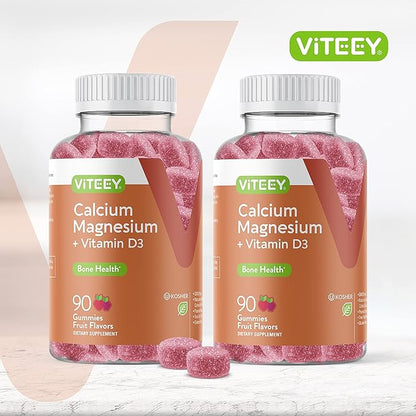 Calcium Gummies with Vitamin D3 & Magnesium - Supports Bone Health, Immune Support, Energy and Muscle Function - Dietary Vitamin Supplements, for Men Woman and Teens, Chewable Fruit Flavored Gummy