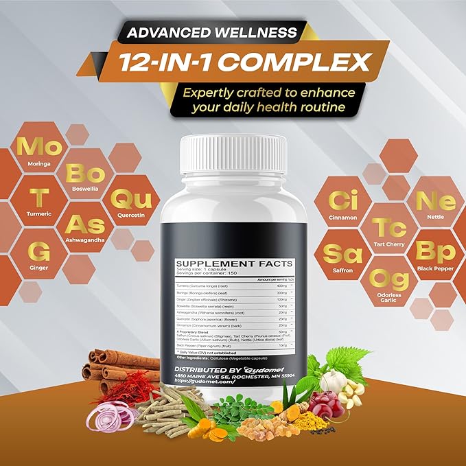 Turmeric Moringa Ginger Boswellia Quercetin Cinnamon Saffron Tart Cherry Odorless Garlic Nettle -150 Capsules- Made in USA
