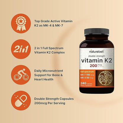 NatureBell Full Spectrum Vitamin K2 Supplement with MK-7 & MK-4, 200 mcg, 240 Capsules | 2 in 1 Formula, K Vitamins Complex – Supports Bone, Joint, and Heart Health – Non-GMO