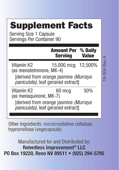 Vitamin K2 MK4 Plus MK7 Vegan Naturally-Derived Vege-Caps 90 Count