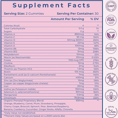 Sugar Free Prenatal Gummies — 30+ Nutrients (Choline, Folate, Iron, Vitamin) for Fetal and Neural Support, Bones, Energy & Immunity — USA-Made Vegan Prenatal Vitamins for Women (60 Gummies)