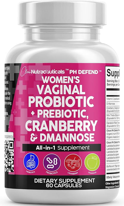 Clean Nutraceuticals Vaginal Probiotics for Women with Cranberry, D-Mannose, Prebiotics, pH Balance Support, Feminine Health, Urinary Tract Cleanse – Capsule Alternative to Gummies – 60 Count