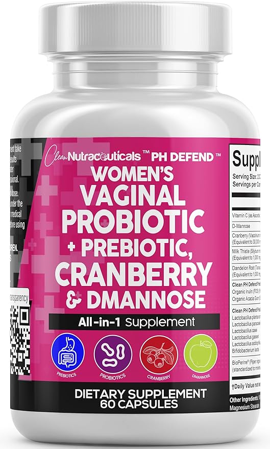 Clean Nutraceuticals Vaginal Probiotics for Women with Cranberry, D-Mannose, Prebiotics, pH Balance Support, Feminine Health, Urinary Tract Cleanse – Capsule Alternative to Gummies – 60 Count