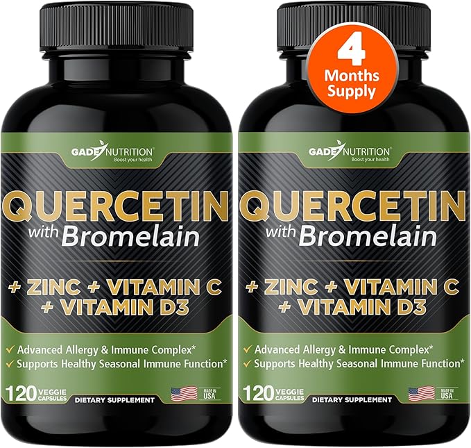 Gade Nutrition Quercetin with Vitamin C and Zinc - Quercetin 500mg - Quercetin with Bromelain - Zinc Quercetin - Quercetin Supplements + Vitamin D3 (Non-GMO, Gluten-Free, Vegan) - 4 Month Supply