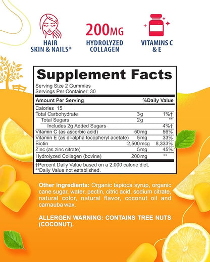 SUNNY SAM Biotin Collagen Gummies for Women & Girls - Low Sugar 60 Chewable Beauty Collagen Gummies for Enhanced Hair Skin and Nails - Biotin, Vitamin A, Zinc Supplement - Natural Lemon Flavor
