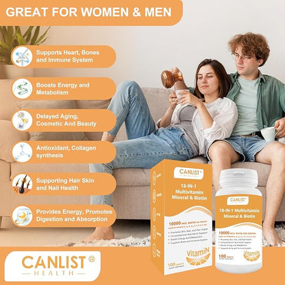 Hair Skin and Nails Multi-Vitamin for Men & Women, 10000mcg Biotin & Multimineral, Contains B-Vitamins, Vitamins C, E & D3, Trace Minerals, Zinc, Gluten-Free, Dairy-Free, Soy-Free, 100 Tablets