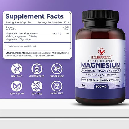 Triple Complex Magnesium Supplement – Fast-Acting Magnesium Complex Supplement with Glycinate, Citrate & Malate for Relaxation, Sleep & Well-Being – Natural, Vegan, Non-GMO Capsules (300mg)