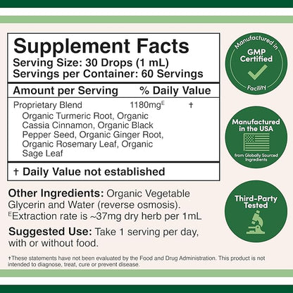 Turmeric Curcumin with Black Pepper Drops - Organic Turmeric Supplement Drops 1,180mg - 2FL OZ, 60 Servings (with Black Pepper Seed, Ginger, Rosemary, and Sage) for Joint Support by Double Wood