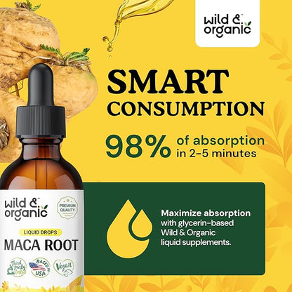 Wild & Organic Maca Root Drops for Women & Men - Mood, Focus, Active Lifestyle - Peruvian Maca Supplement - Vegan, Sugar & Alcohol-Free Tincture - 2 fl oz