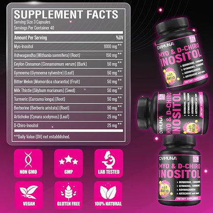 Inositol Supplement - Myo-Inositol and D-Chiro Inositol Plus Ashwagandha, Berberine, Cinnamon and 5 Mores - 120 Capsules