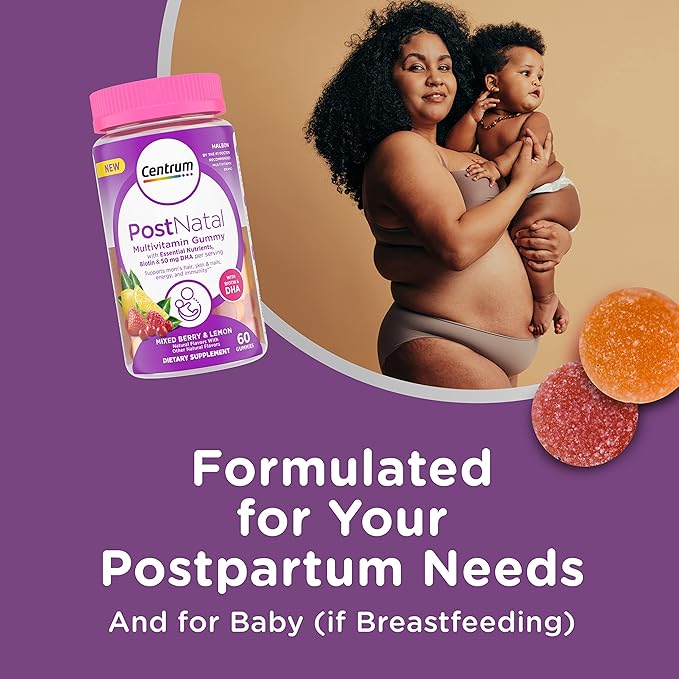Centrum Postnatal Multivitamin Gummies with Biotin and DHA, Mixed Berry and Lemon Flavors - 60 Count, 30 Day Supply