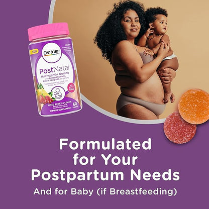 Centrum Postnatal Multivitamin Gummies with Biotin and DHA, Mixed Berry and Lemon Flavors - 60 Count, 30 Day Supply