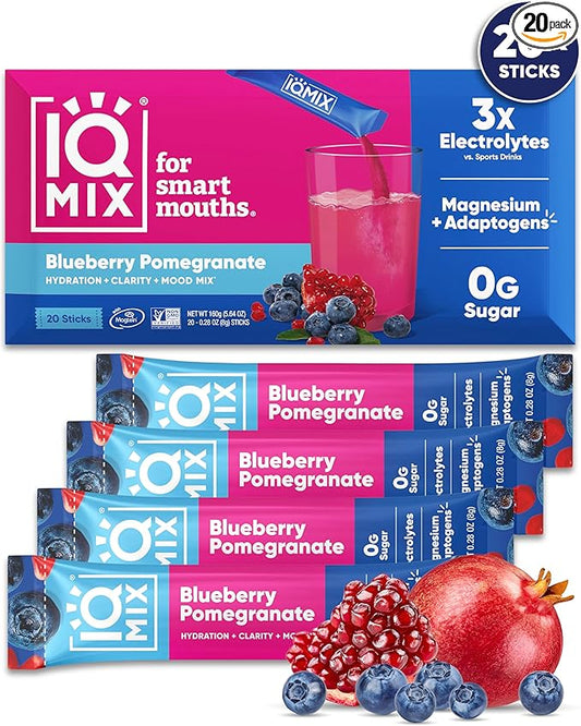 IQMIX Hydration Electrolyte Powder – 4-in-1 Formula for Hydration, Mental Clarity, Mood and Recovery – Sugar-Free Drink Mix, Keto, Magnesium L-Threonate, Lion’s Mane – 20 Count Blueberry Pomegranate
