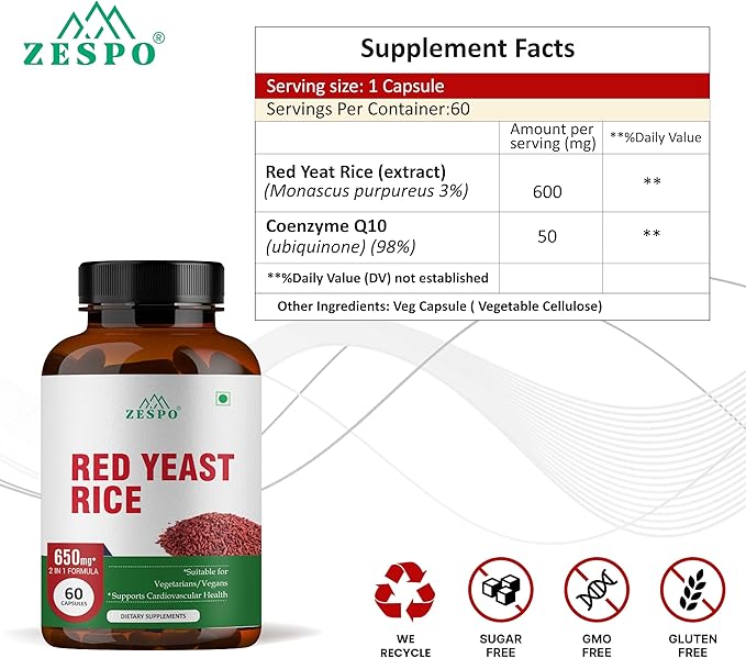 Red Yeast Rice 650mg with CoQ10 – Vegan Formula with Natural Ingredients – No Artificial Additives – 60 Capsules