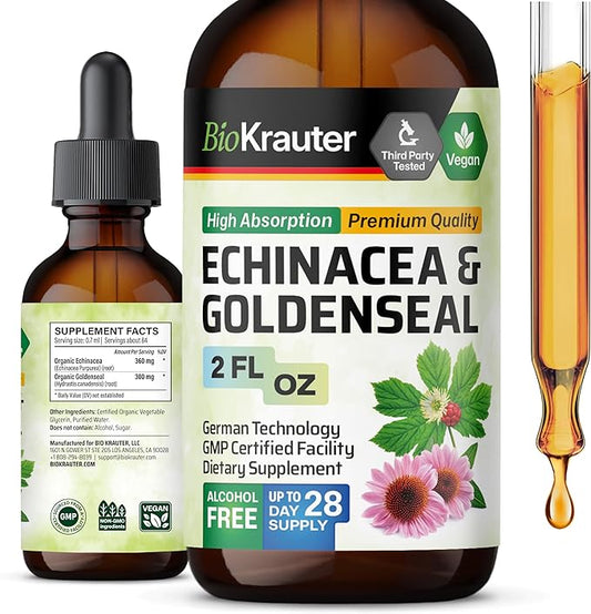 BIO KRAUTER Echinacea and Goldenseal Root Liquid Extract - Natural Immune Support - Echinacea Drops with Goldenseal - Vegan, Alcohol & Sugar Free Tincture - 2 Fl.Oz.