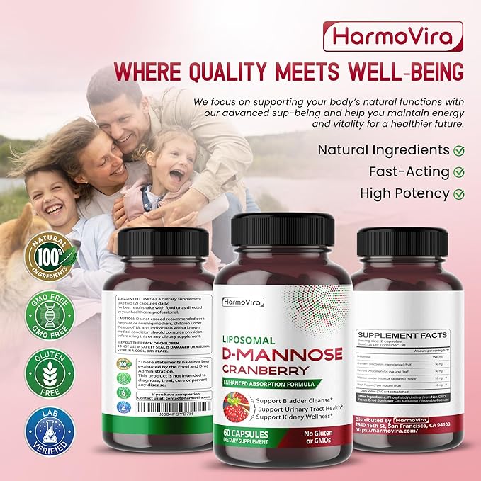 Liposomal D-MANNOSE Cranberry - Support Bladder Cleanse, Urinary Tract Health - 60-Day Supply - Made in The USA