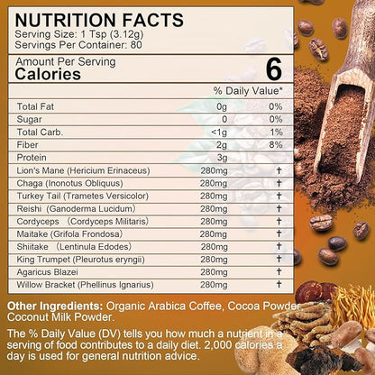 250g Mushroom Coffee - Lions Mane Mushroom Powder Instant Coffee with Lion's Mane, Reishi, Chaga, Cordyceps, Turkey Tail, Arabica - Mushroom Coffee Blend Support Gut, Focus, Brain Health