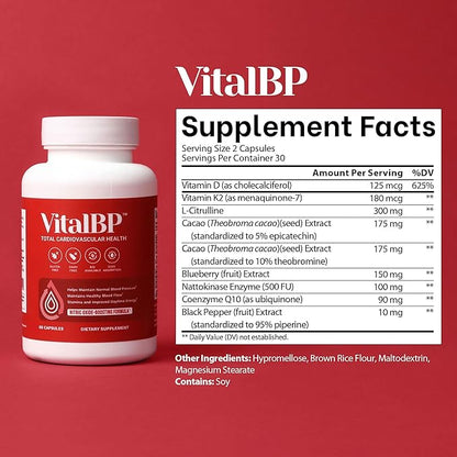 Vital BP - Support for Normal Blood Pressure - Supports Blood Flow & Arteries - with CoQ10, L-Citrulline, and K2 & D3-60 Capsules