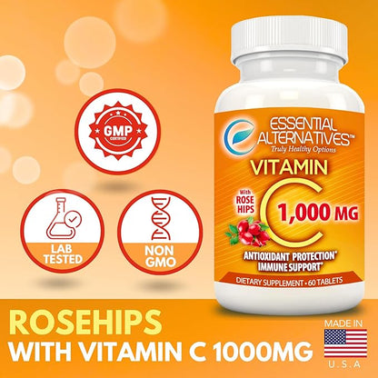 Vitamin C 1000mg with Rose HIPS. Antioxidant Protection, Immune Support. 60 Tablets