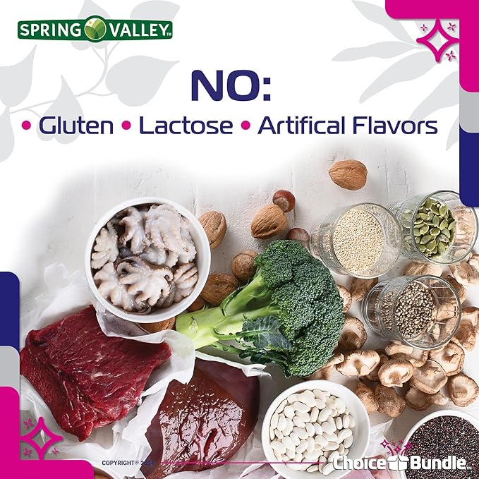 Spring Valley Iron Tablets Dietary Supplement Value Size 65 mg 200 CT 4 Pk Choice Bundle (800 Total) + Vitamin Vitality Guide & Pill Container (6 Items)!