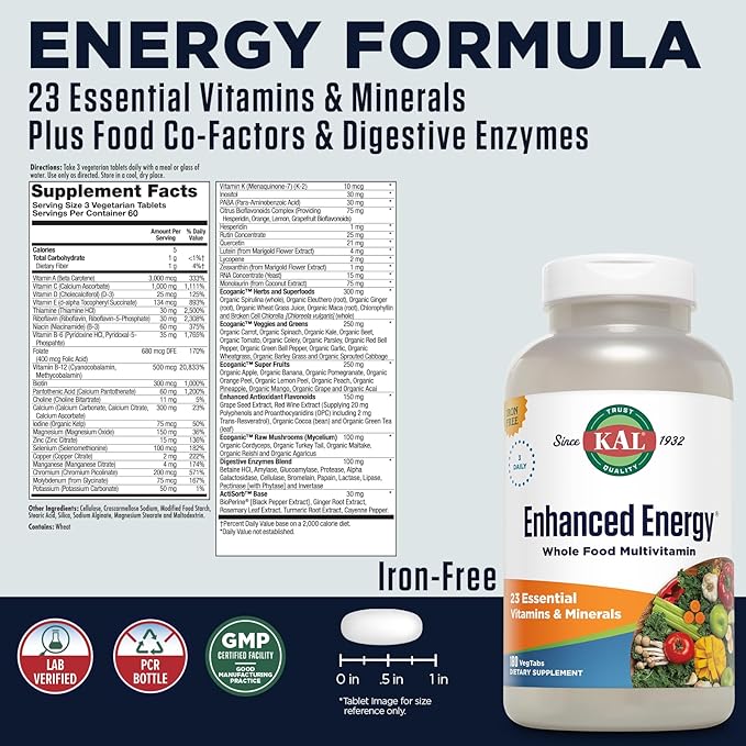 KAL® Enhanced Energy Multivitamin | Whole Food Based Vitamins & Minerals w/ Antioxidants, Digestive Enzymes & Natural Carotenoids | 180 Capsules