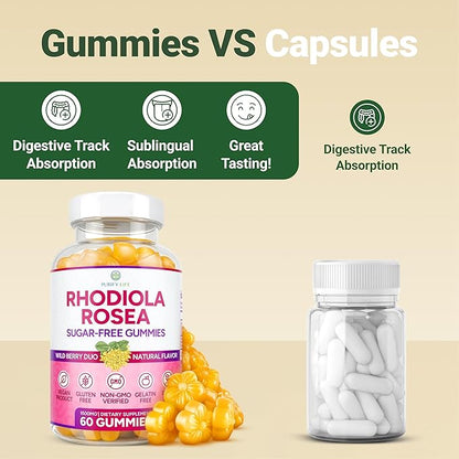 Purify Life Sugar-Free Rhodiola Rosea Gummies (1500mg/Serving) Cortisol Detox & Adrenal Support Supplement - Adaptogenic Rhodiola for Mood, Motivation, Stamina & Performance, Non-GMO, 60 Vegan Chews