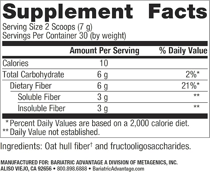 Bariatric Advantage Advanced Fiber, Powdered Formula Supports a Healthy Intestinal Environment and Increases Absorption of Calcium and Magnesium - Unflavored, 30 Servings