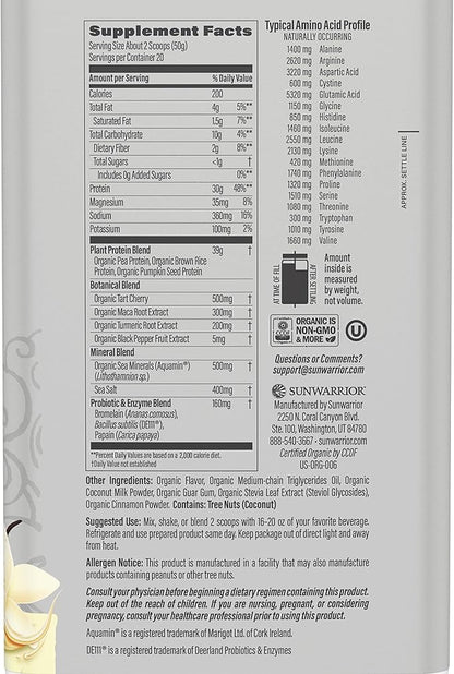 Sunwarrior Organic Plant Based Protein Powder | Vegan Organic Protein Powder with BCAA Amino Acids Plus Recovery Minerals & Botanicals | Non-GMO Soy Dairy & Gluten Free (Vanilla, 20 Servings)