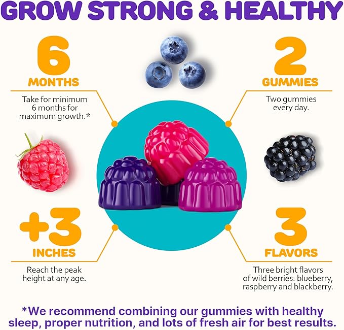 Height Growth Gummies for Kids - Growth Vitamins for Teens, Height Increase Multivitamin for Boys & Girls with Calcium Vitamin D C K2 Magnesium Zinc, Natural Height Growth Maximizer Supplement, 60 PCS
