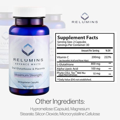 Advanced White Glutathione Placenta and Collagen Stack - 60 Capsules of Gluta Placenta with 60 Peach-Flavored Collagen Supplement Tablets
