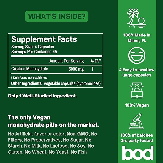 BOD Creatine Monohydrate Pills for Muscle Support, Vegan Pre or Post-Workout Creatine Capsules for Women and Men, 5g Micronized & Instantized Creatine per Serving, 45 Servings, 180 Capsules