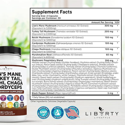 Lions Mane Mushroom Supplement with Turkey Tail Reishi Cordyceps Chaga with Marshmallow Root - 2-Pack
