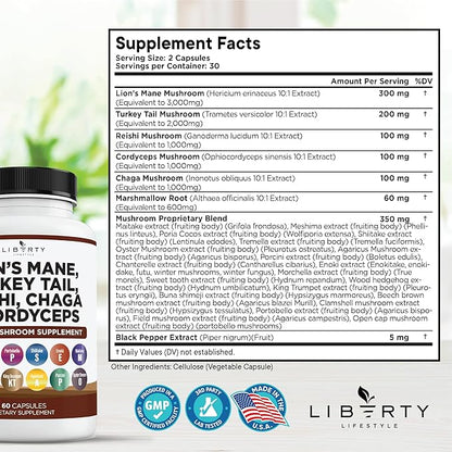 Lions Mane Mushroom Supplement with Turkey Tail Reishi Cordyceps Chaga with Marshmallow Root - 3-Pack