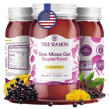 TrueSeaMoss Sea Moss Gel – Made in USA – Wildcrafted Seamoss, Fresh Fruits & Sea Vegetables – Elderberry, Pack of 1 (Labels may Vary)