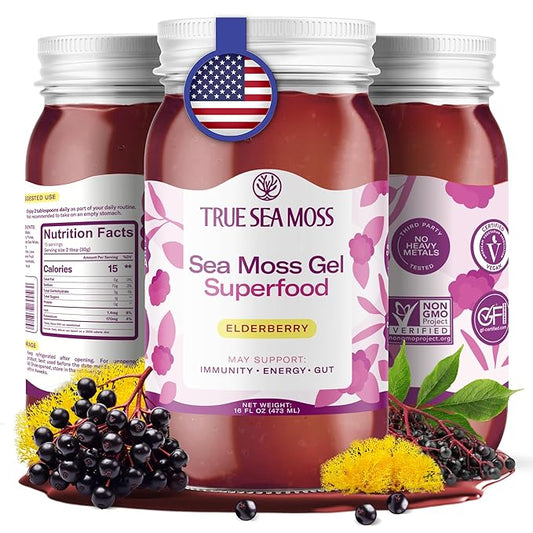TrueSeaMoss Sea Moss Gel – Made in USA – Wildcrafted Seamoss, Fresh Fruits & Sea Vegetables – Elderberry, Pack of 1 (Labels may Vary)