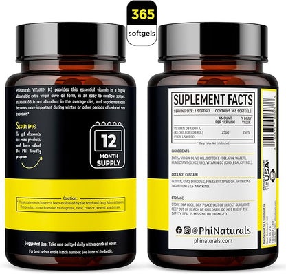 PhiNaturals Vitamin D3 1000iu Softgels Supplement Olive Oil Base 365 Gel Caps One Year Supply of VIT D, Vitamina D 3 1000 iu