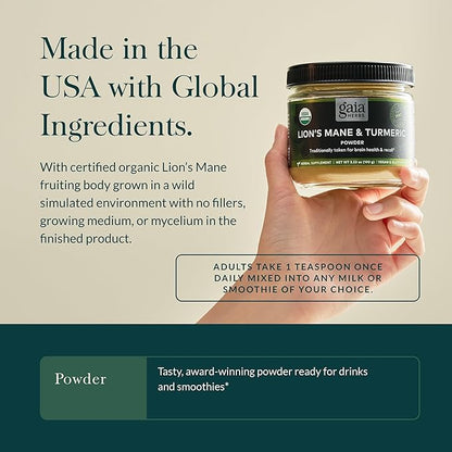 Gaia Herbs Lion's Mane & Turmeric Powder - Herbal Mushroom Supplement Powder to Help Maintain Brain Health and Recall - USDA Certified Organic-3.53 Oz (Up to 45-Day Supply)