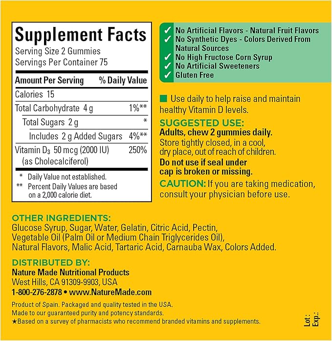 Nature Made Vitamin D3 2000 IU (50 mcg) per serving, Dietary Supplement for Bone, Teeth, Muscle and Immune Health Support, 150 Gummies, 75 Day Supply