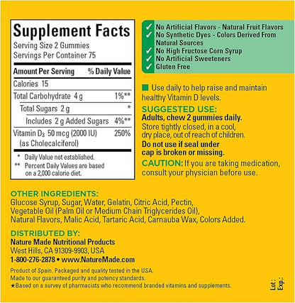 Nature Made Vitamin D3 2000 IU (50 mcg) per serving, Dietary Supplement for Bone, Teeth, Muscle and Immune Health Support, 150 Gummies, 75 Day Supply