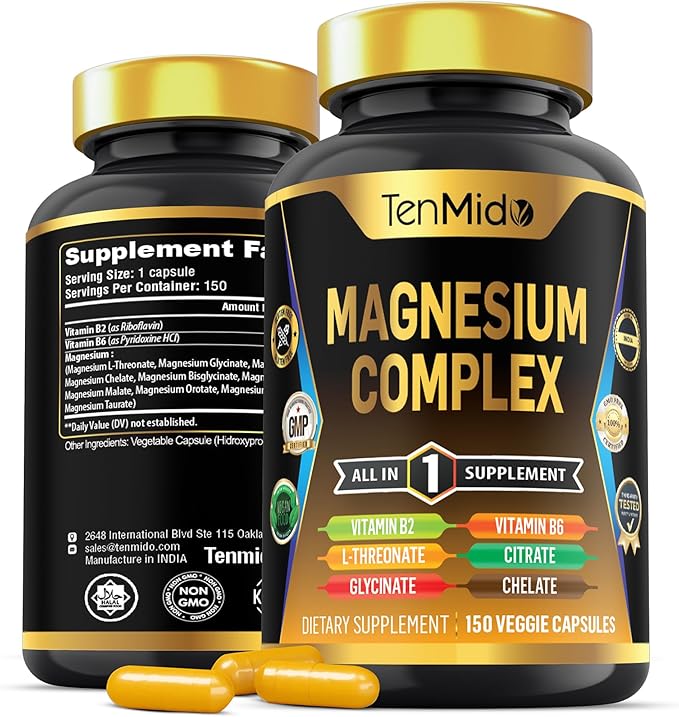Magnesium Complex Supplement - Combine 10 Types of Magnesium: Glycinate, L-Threonate, Citrate, Chelate, Bisglycinate, Oxide, Malate, Orotate, Aspartate, Taurate - 150 Capsules for 5 Months