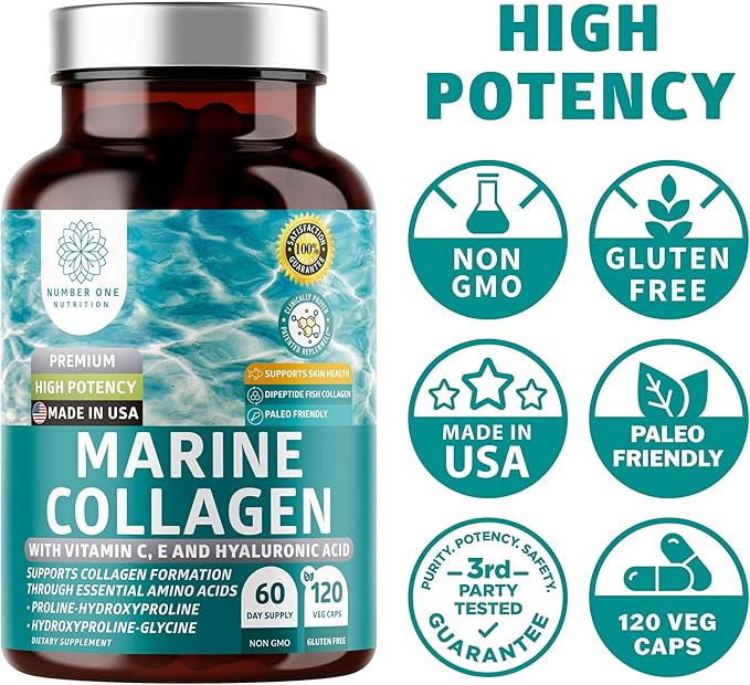 Premium Marine Collagen Dipeptides with Hyaluronic Acid, Vitamin C, Theaflavin and Copper, Collagen Supplement for Women and Men for Radiant Skin, Hair & Nails, Gluten Free and Non-GMO, 120 Veg Caps