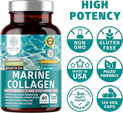 Premium Marine Collagen Dipeptides with Hyaluronic Acid, Vitamin C, Theaflavin and Copper, Collagen Supplement for Women and Men for Radiant Skin, Hair & Nails, Gluten Free and Non-GMO, 120 Veg Caps
